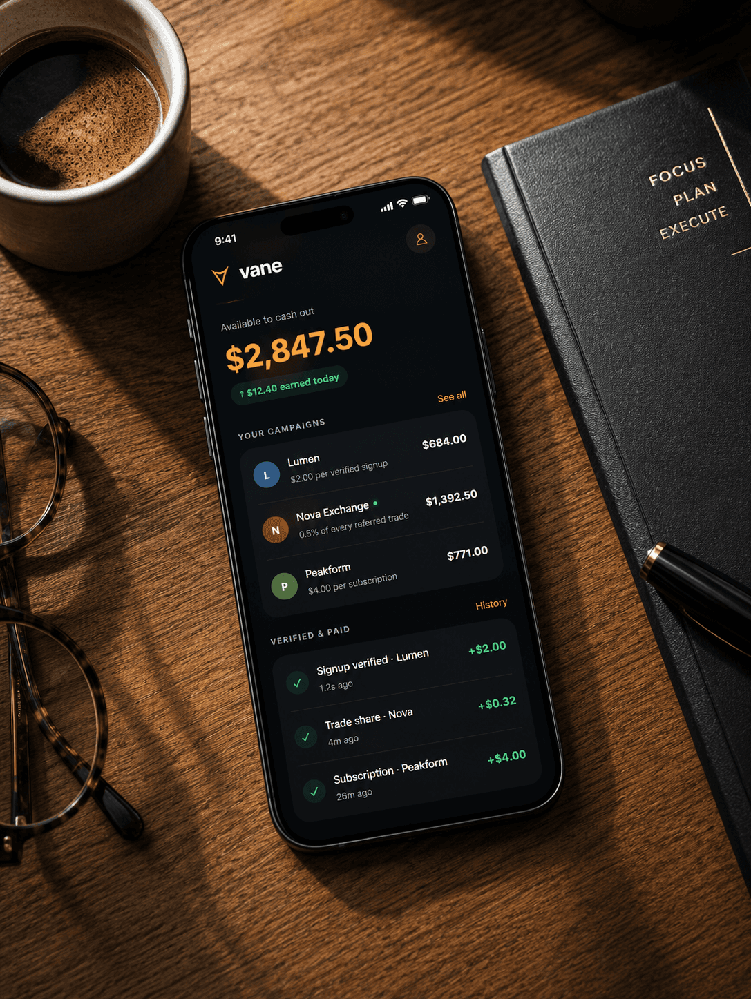 The Vane app open on a phone, showing a balance and recent payouts